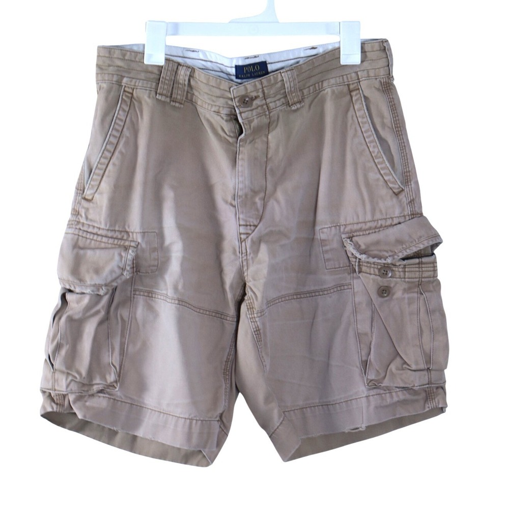 Polo Ralph Lauren Mens Tan Khaki Cargo Shorts Classic Chino Size 34 Multi Pocket